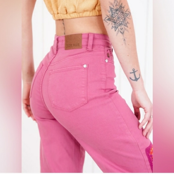 Judy Blue Pink Granny Square Denim Jeans 14W - Picture 5 of 6